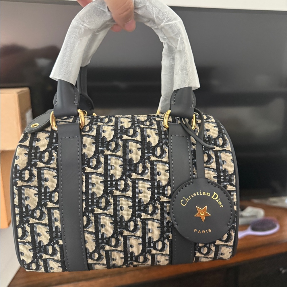 Dior Mini Boston Bag in Navy & Beige Oblique Jacquard